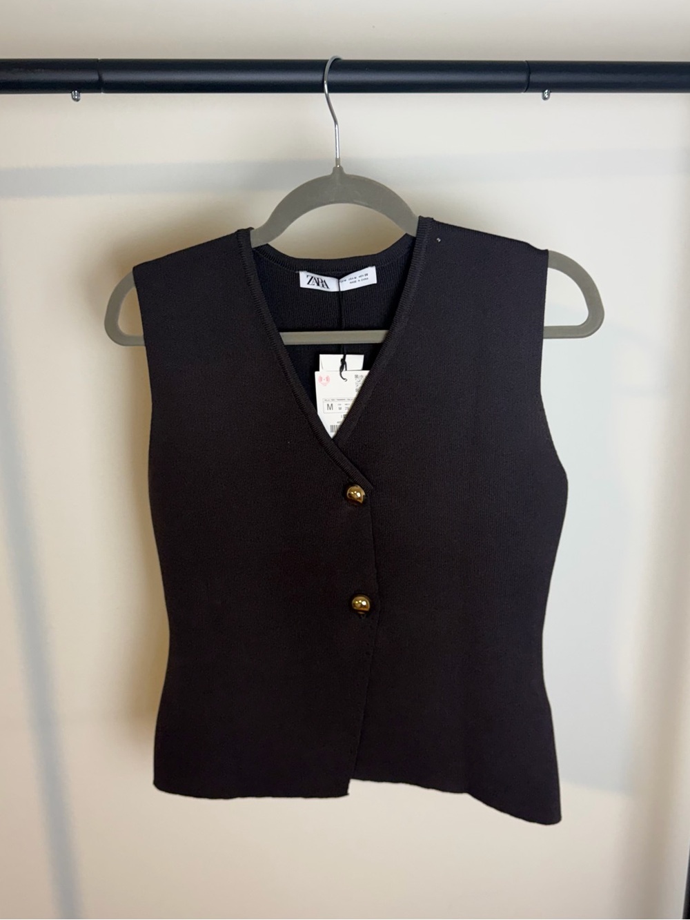 Zara Brown V-Neck Buttoned Knit Vest